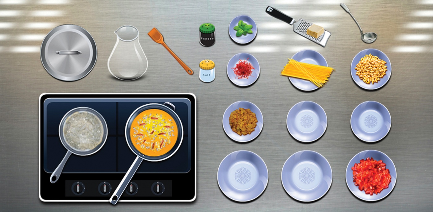 Image of a screen capture from the app: illustrations of plates and food related items.