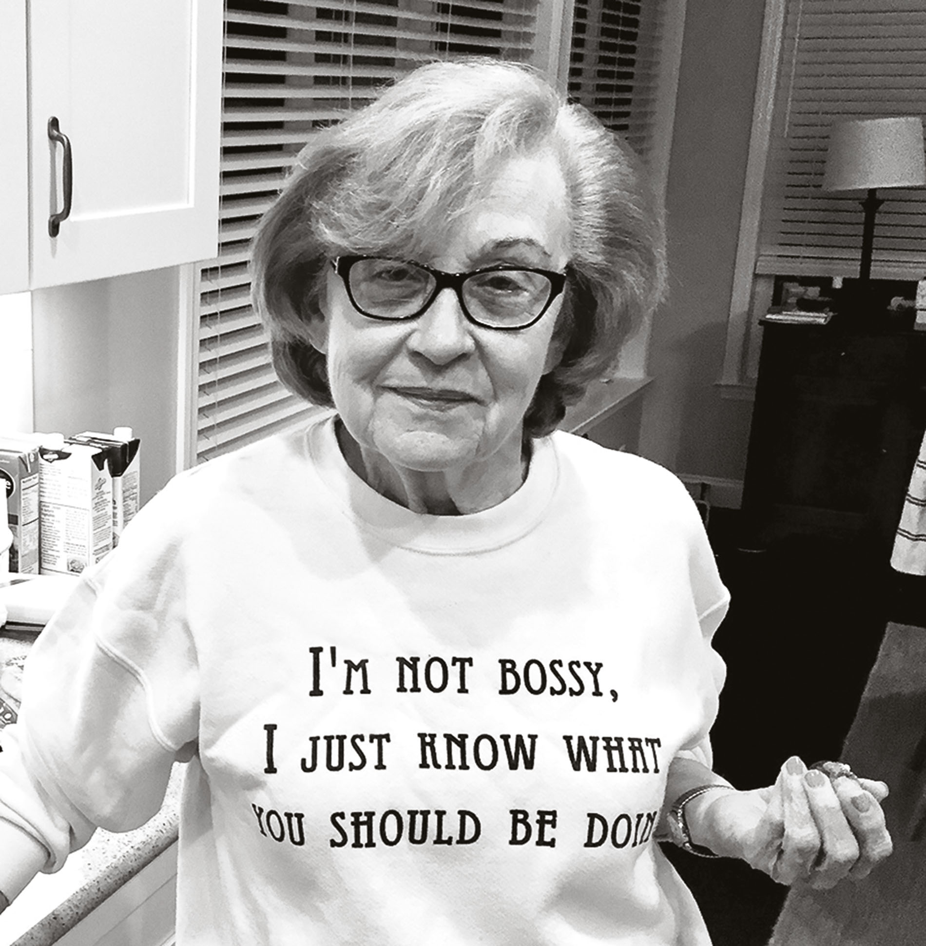 Image of Sylvia Baumgarten wearing a shirt that says "I'm not bossy, I just know what you should be doing."