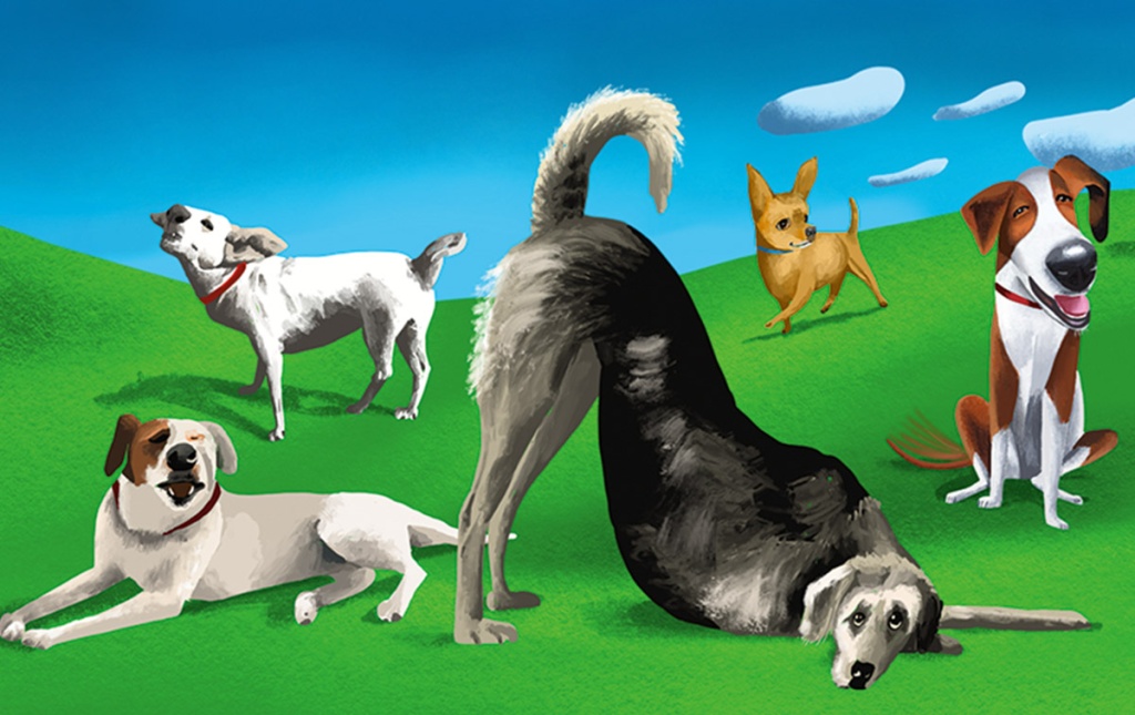 Illustration of dogs in a field with a blue sky. 