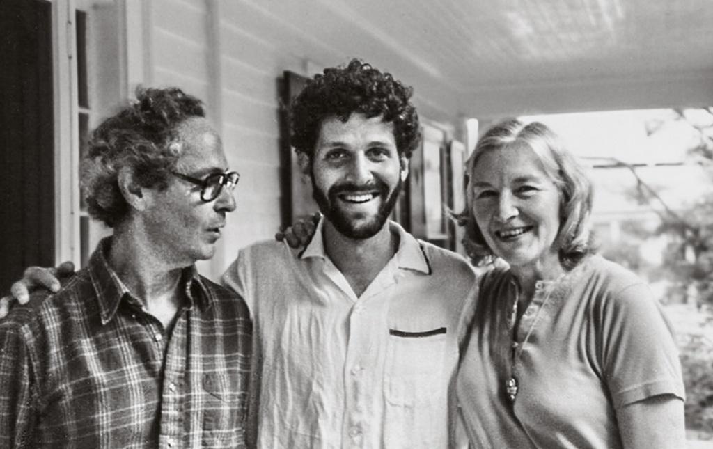 Image of George Morgan, Jeff Bercuvitz, and Barbara Morgan on a porch in 1983.