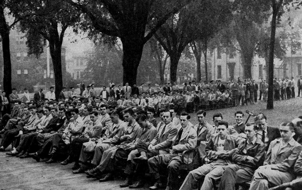 Archival image of convocation in 1946 on the Main Green.