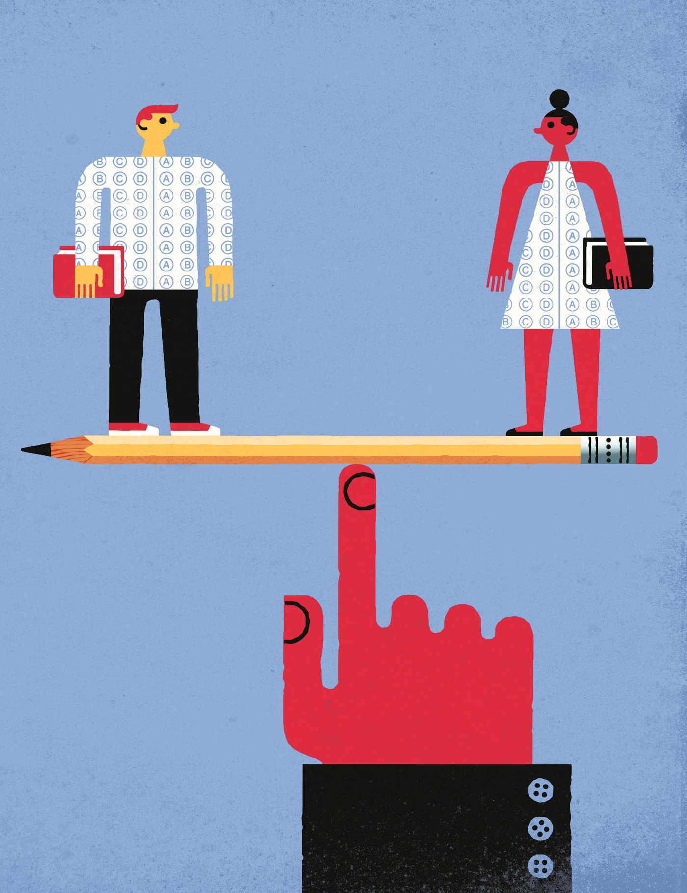 Illustration by Tim Cook of two students balancing on a pencil held up by a finger.