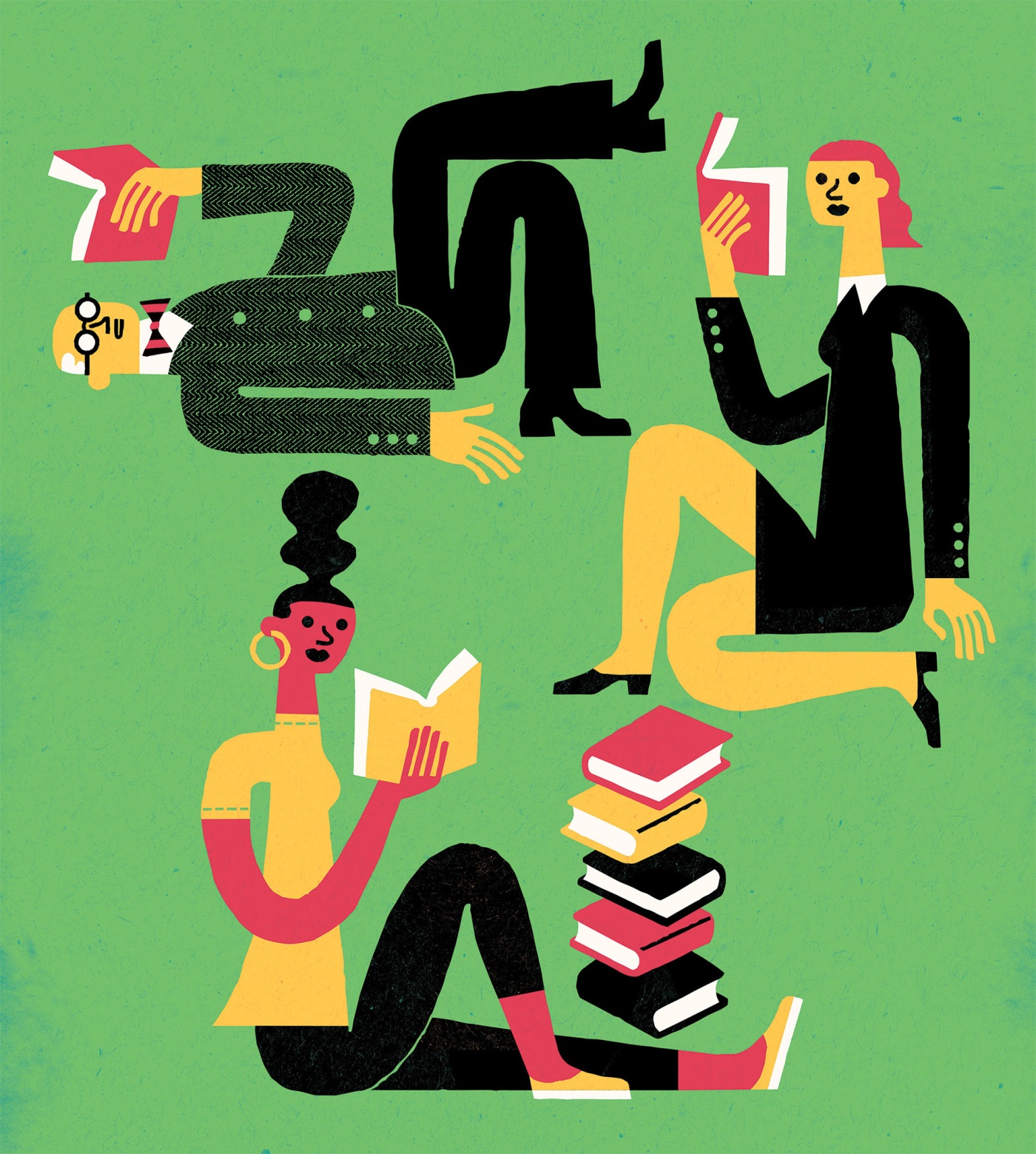 Illustration by Tim Cook of individuals reading books.