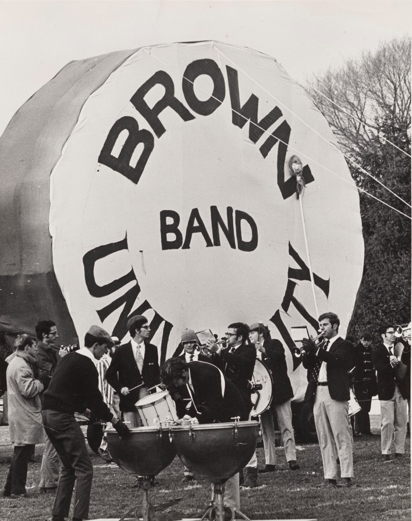 Archival image of a 15-foot-tall bass drum built by the Brown Band in 1969