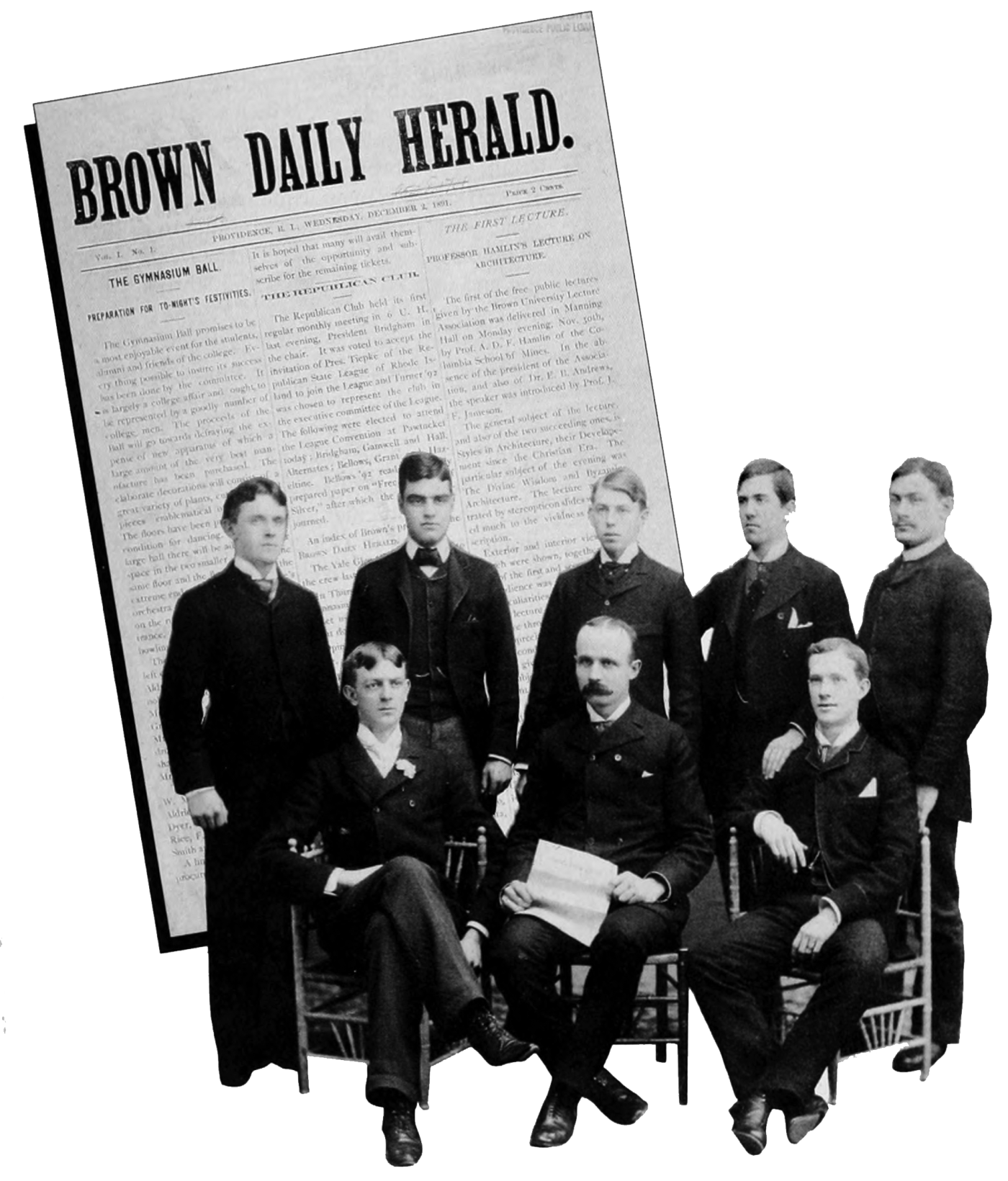 Archival image of the first staff and the first issue of the Brown Daily Herald in 1891.