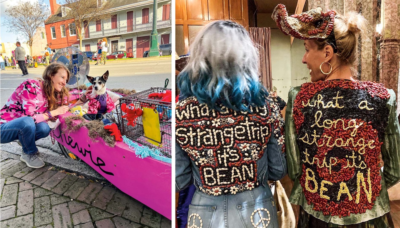 Left image of Kayla Smith and her dog at a dog parade and right image of two people back-to with jackets designed with dried beans