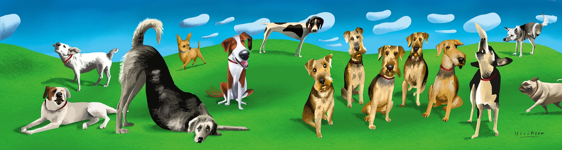 Illustration of dogs in a field with a blue sky. 