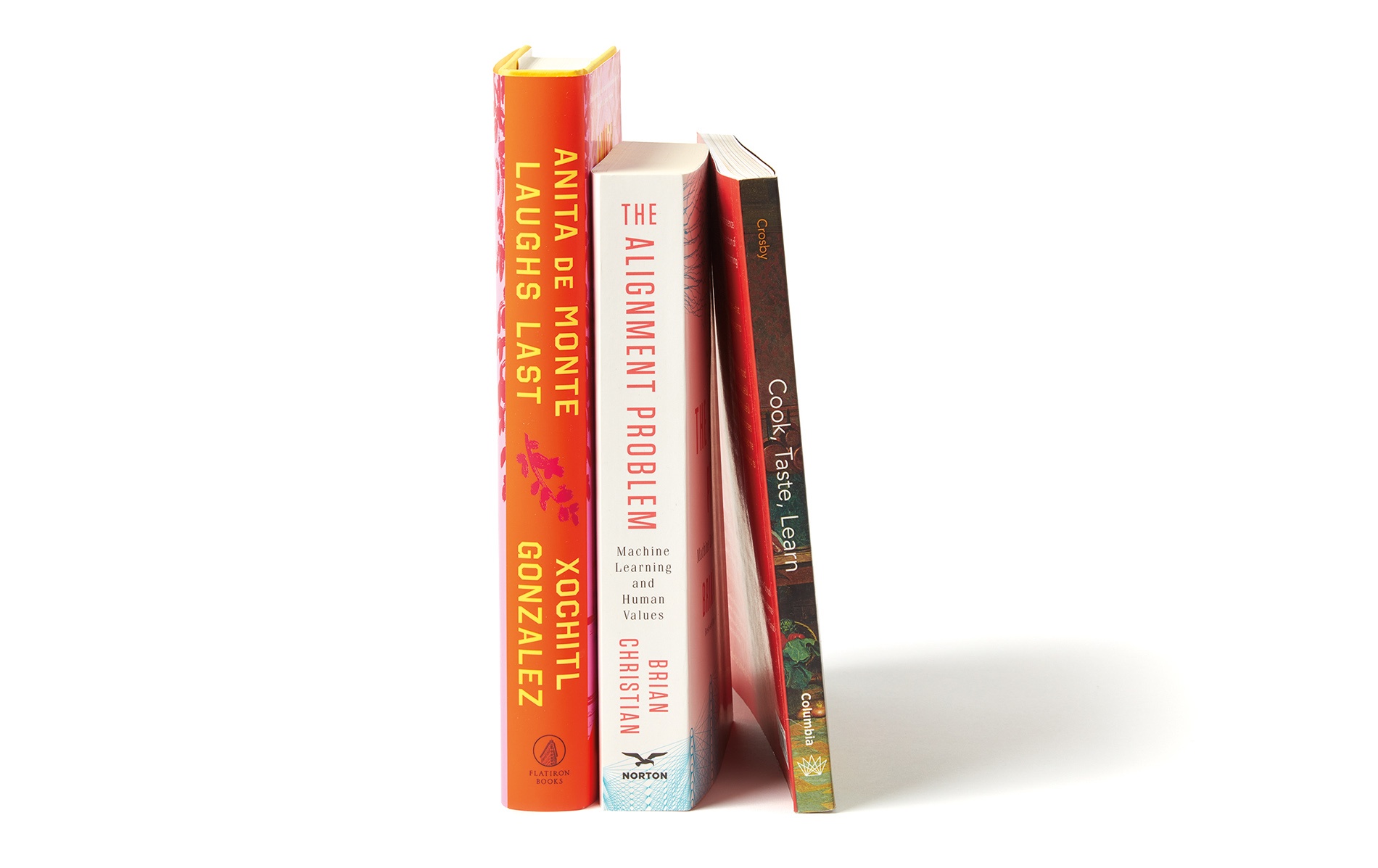 Image of book spines by Guy Crosby, Brian Christian, and Xochitl Gonzalez.