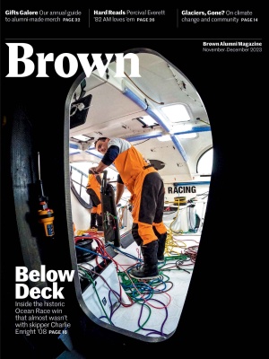 Image of Brown Alumni Magazine's November–December 2023 cover featuring Charlie Enright ’08 in his racing boat