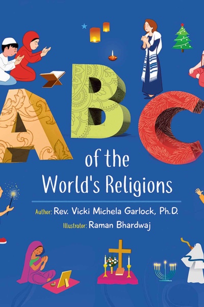 large ABC with illustrations of culturally diverse people praying