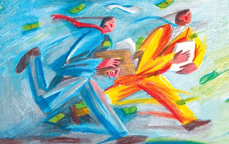 Illustration by Pat Thomas of two individuals in suits running with paper in their hands and money flying around.